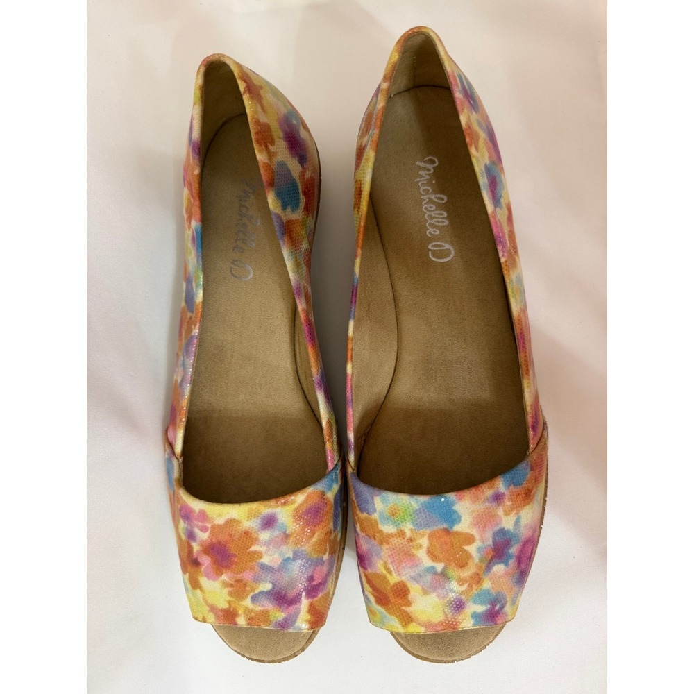 Michelle D Ellena Floral Watercolor Peep Toe Wedge Heel Sandals Multi Color 10M‎